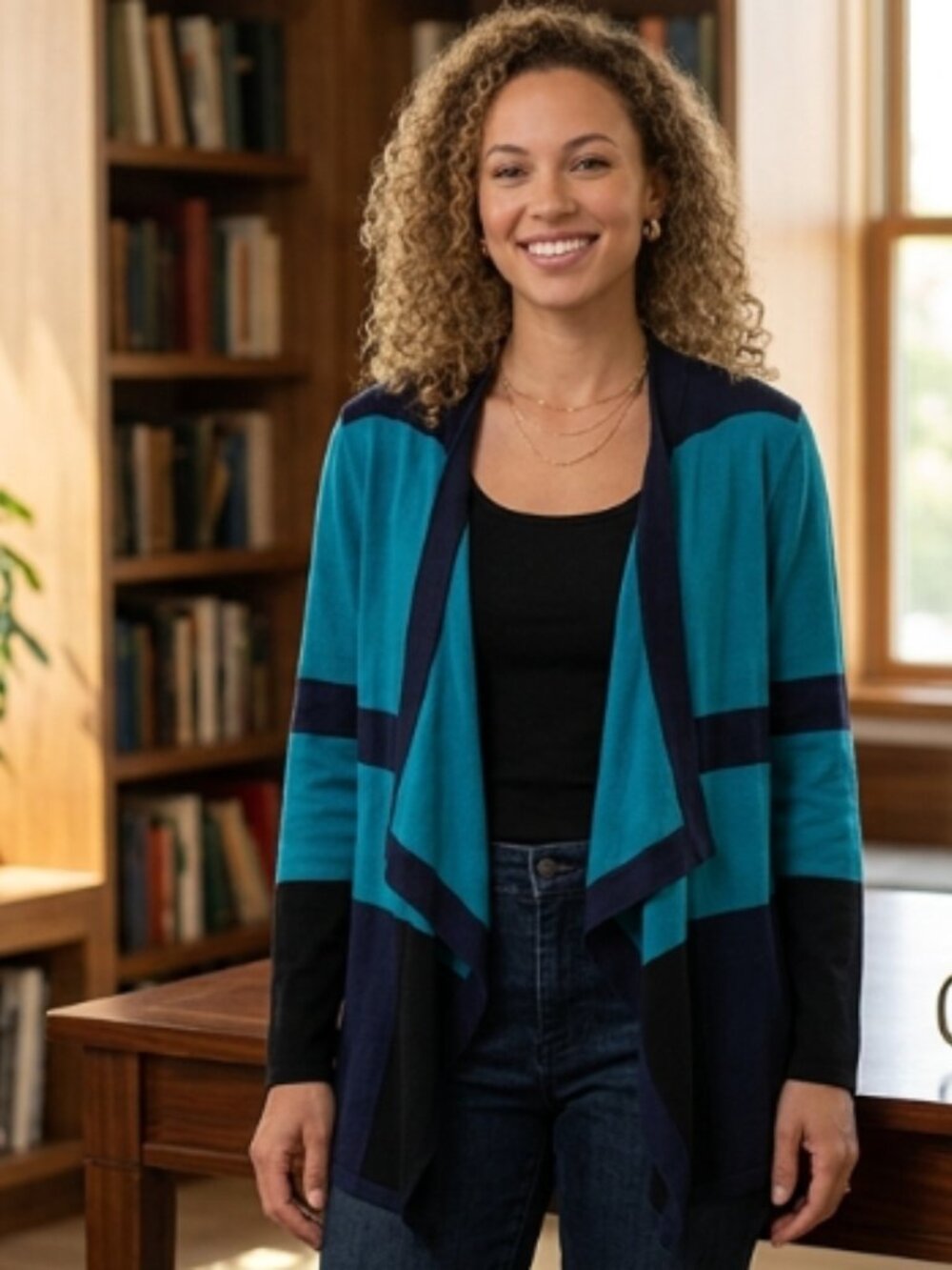 Tanjay Petite Colorblock Drape Front Open Cardigan Sweater Size PM Blue Teal